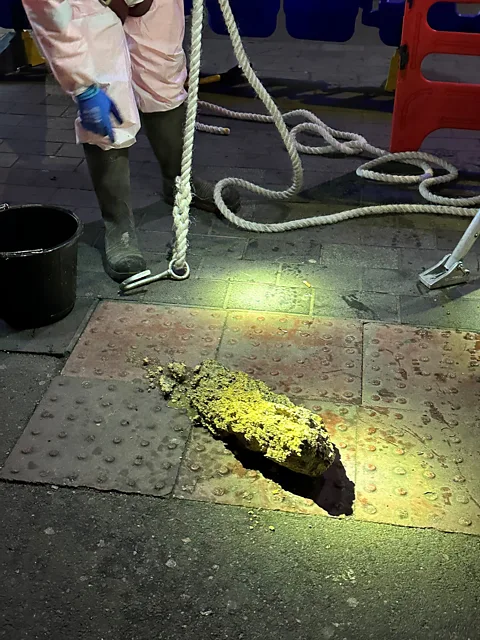 Thames Water Mixed with wipes and other debris that end up in sewers, grease, fat and oil can harden to form a concrete-like material (Credit: Thames Water)