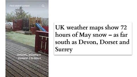 A TikTok post and news headline relating to snow in the UK in May