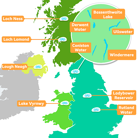 An illustration of the different lakes around the UK and in the Lake District