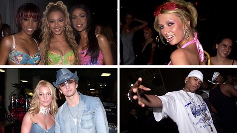 A composite image of celebrities in the 00s. Bottom left is Britney Spears and Justin Timberlake wearing double denim, bottom right is rapper Nelly wearing a chain necklace, sports jersey and a white plaster on his right cheek, in the top left is Destiny's Child (Kelly Rowland, Beyonce and Michelle Williams) all wearing jeans with beaded silver belts and colourful floral crop tops, and top right is Paris Hilton with red sunglasses on her head wearing a pink floral halter dress