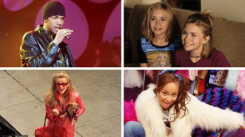 A composite image of celebrities from he early 00s. Top left is singer Craig David wearing a beanie and leather jacket singing into the mic, top right is blonde twins Mary-Kate and Ashley Olsen smiling on a sofa (Mary-Kate has her hair down with one front braid and Ashley has a choker necklace on with her hair half up half down), on the bottom left is Reese Witherspoon in character as Legally Blonde's Elle Woods, wearing a pink trench coat, pink bag, pink tinted sunglasses and holding her chihuahua dog, bottom right is Raven Symone from Disney's That's So Raven, wearing her curly brown hair in pigtails with blue bows, jeans and a fluffy cream jacket