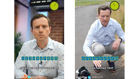 An image showing two different sections of a Met Office TikTok post offering advice on keeping cool during a heatwave