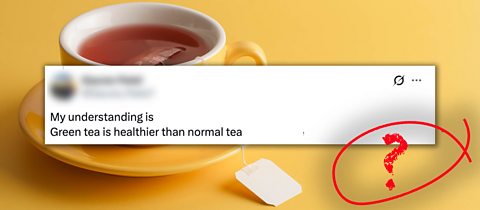4. Is green tea healthier than regular tea? Cup of tea in a yellow cup and saucer on a yellow background with a tweet that says 'My understanding is green tea is healthier than normal tea'.