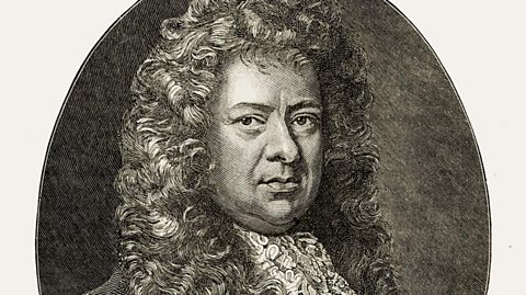 A black and white portrait of Samuel Pepys, who has long curly hair and a ruffled collar shirt with a jacket