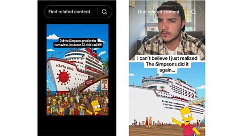 An image showing two TikTok posts relating to an episode of The Simpsons which supposedly predicted the hantavirus cruise ship outbreak