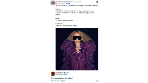 An X post showing Beyoncé’s publicist calling the Act III rumours “unequivocally false”.