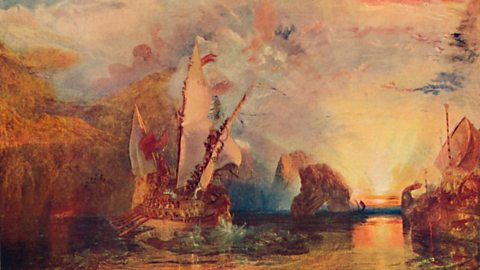 A landscape painting that shows a scene from the Odyssey. Odysseus is taunting the cyclops as a blazing sun rises in the background.
