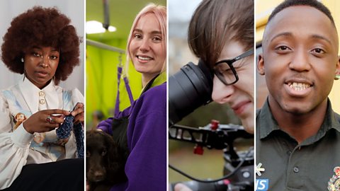 Four young people working - knitting, animal care, filming, emergency medicine. 