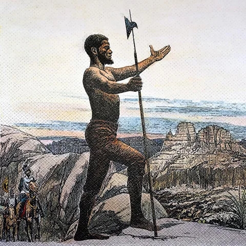 Granger A depiction of Estevanico, holding a halberd with his arms outstretched atop a scenic outlook (Credit: Granger)