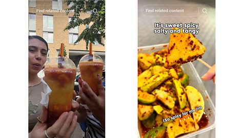 An image showing two TikTok posts - one of people trying a spicy mangonada drink, the other a spicy fruit bowl salad