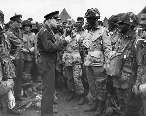 Getty Images The real-life Eisenhower speaking with troops ahead of D-Day – he was the supreme commander of the Allied forces (Credit: Getty Images)
