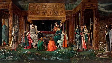 An image of a painting which shows the legendary King Arthur in a restful sleep. He is surrounded by figures including the enchantress Morgana le Fay. 