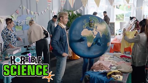 Image of Horrible Science Earth character with people at her party. 
