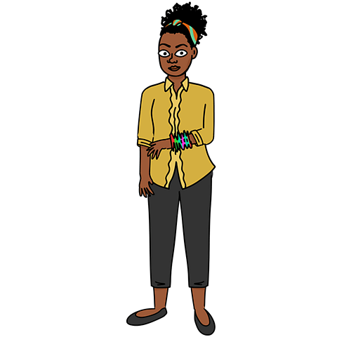 Artist Brianna McCarthy wearing a yellow shirt, black trousers and colourful bangles
