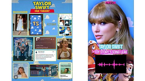 Instagram posts featuring theories about Taylor Swift's supposed involvement in Toy Story 5