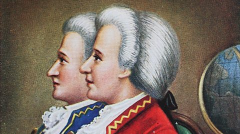A painting of French brothers Joseph-Michel and Jacques-Étienne Montgolfier. They sit next to one another showing their side profiles. They have grey, ponytailed wigs, wear ruffled shirts and one wears a blue blazer while the other wears a red blazer