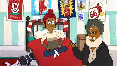 A young Sikh boy (Bobby), sits on his bed, surrounded by Liverpool football memorabilia, and older Sikh man, Nana-ji, is talking to him.