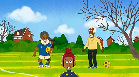 Two older men, Nana-ji and Trevor, are playing football with a young Sikh boy, Bobby, smiling in the foreground.