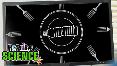 Image of computer screen showing a plastic bottle in the middle with forks around it. 