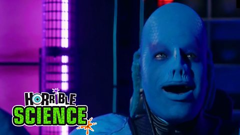 Horrible Science image of a blue alien in a spaceship. The Horrible Science logo is in the bottom left. 