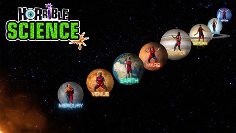 Image showing Horrible Science gladiators characters in space according to solar system position: Mercury, Venus, Earth, Mars, Jupiter, Saturn, Uranus and Neptune.