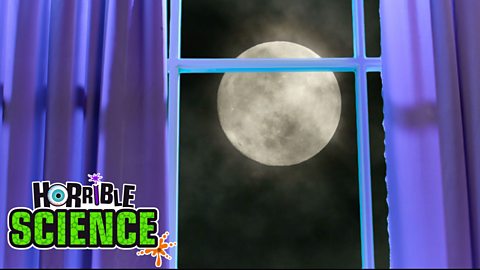 Image of the Moon behind a window with purple curtains. The Horrible Science logo is in the bottom left corner. 