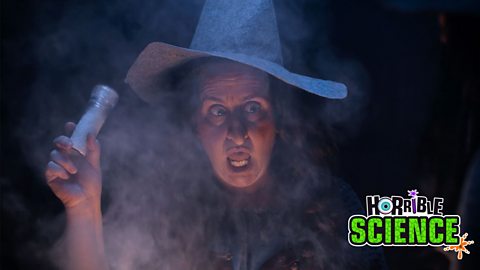Image of a witch in a hat holding a salt shaker. She has grey hair and there is smoke coming from the cauldron. 