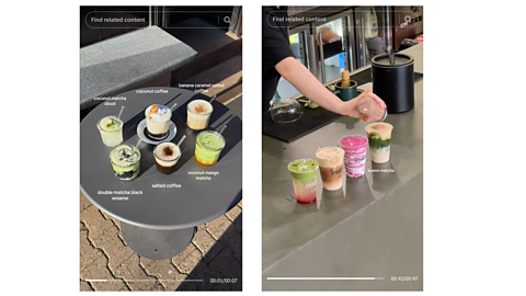 Two TikTok posts showing an array of different coffee orders from matcha lattes to ube inspired frappes.