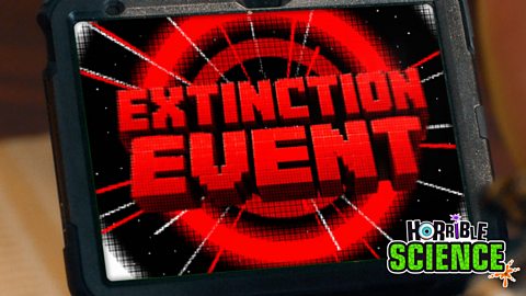 Image of game on tablet showing 'Extinction Event' in capital red letters. The Horrible Science logo is in the bottom right corner. 