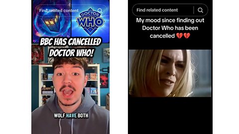 An image of two TikTok posts relating to the alleged cancellation of Doctor Who