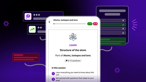 BBC Bitesize personalised study tool interface showing progress tracking, quiz indicators and a learning dashboard.