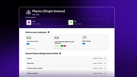 BBC Bitesize personalised study tool interface showing a learning dashboard.
