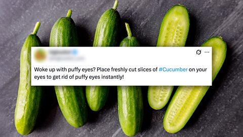 A post on X sharing the claim that cucumber slices can help with puffy eyes.