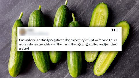 A social media post making the claim that eating cucumbers results in a net calorie loss.