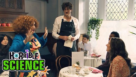 Image of Horrible Science character Luna with her hands up doing a magic trick. The waiter and the customers look fed up in the restaurant. 