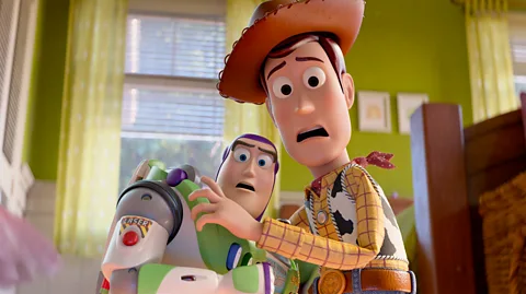 Disney Woody and Buzz looking scared in Toy Story 5 (Credit: Disney)
