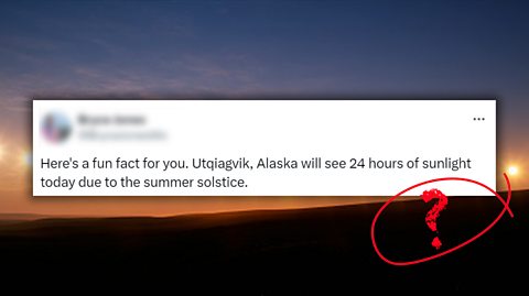 A tweet saying that Utqiagvik, Alaska will see 24 hours of sunlight on the summer solstice, with a timelapse image of a sun behind it.