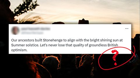 A tweet saying that Stonehenge was built to align with the Summer solstice sun, with a photo of Stonehenge at sunset behind it.