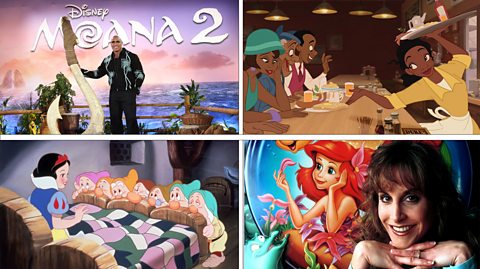 A composite image showing four photos related to the world of Disney. In the top left is a photo of Dwayne 'the Rock' Johnson posing while promoting Moana 2. In the top right hand corner is a scene from Disney's Princes and the Frog. In the bottom left is a scene from Snow White and the Seven Dwarfs and in the bottom right is Jodi Benson smiling next to a poster for the Little Mermaid as she voices the lead character, Ariel. 