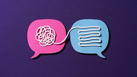 Two speech bubbles portraying tangled thoughts becoming clearer.