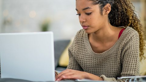 Teenager typing at laptop. 