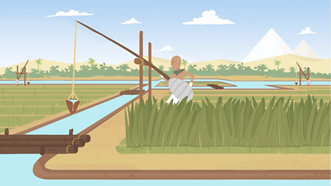 Cartoon image of a farmer in Ancient Egypt drawing up water. 