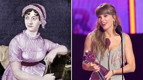Jane Austen (L) and Taylor Swift (R) separated by a white line in the centre of the image