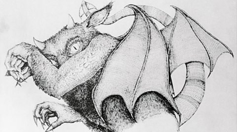 A black and white illustration of the 'New Jersey Devil' - a hairy beast with horns, wings, claws, big eyes and a long, sharp tail