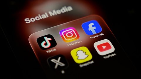 A close-up image of a smartphone screen. It's open on an app folder titled 'social media'. Six apps are displayed in two horizontal lines of three: TikTok, Instagram, Facebook, X, Snapchat and YouTube.