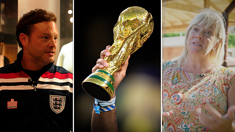 Mark Rhodes (L), the World Cup trophy (C), Professor Jean Williams (R)