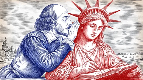 BBC/ Emmanuel Lafont An illustration depicting William Shakespeare whispering into the ear of the Statue of Liberty (Credit: Emmanuel Lafont)