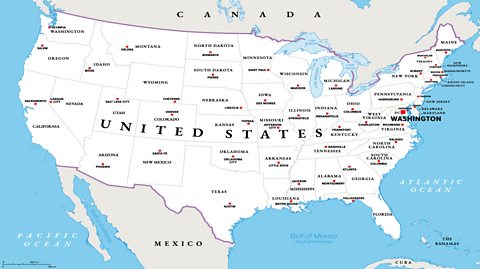 A map of the United States of America, showing the 50 states on the mainland coloured in white with black text