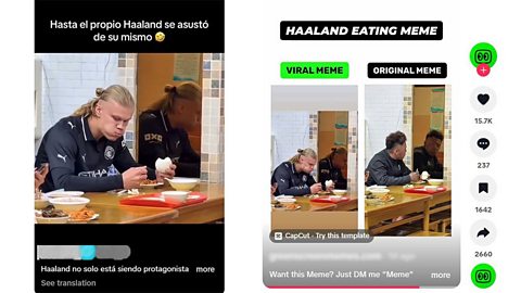 Two TikTok posts - one allegedly showing Erling Haaland eating in a restaurant and another comparing it to a near-identical post featuring the Chinese comedian Jin Long