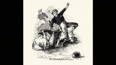 An illustration of players tackling during the 1872 Scotland v England football match